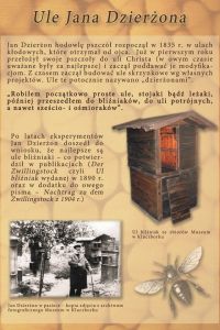 Na fotografii jedna z plansz ekspozycji "Jan Dzierżon" - na tle pszczelego plastra widoczny ul skrzynkowy, zdjęcie Jana...