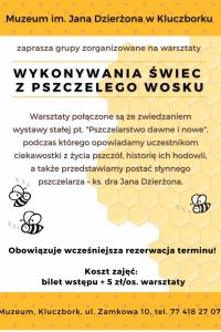 Warsztaty wykonywania świec - w tle rysunkowy plaster pszczelego wosku.