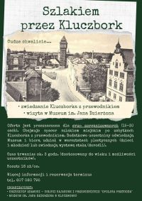 Zwiedzanie miasta z przewodnikiem, oferta dla grup zorganizowanych, koszt 15 zł/os., w tle plakatu panorama miasta