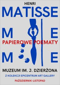 Papierowe poematy - plakat; na białym jedna z prac artysty, sylwetka kobiety wycięta z papieru koloru niebieskiego