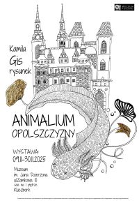 Plakat - na białym tle czarny rysunek przedstawiający architekturę Brzegu oraz larwę traszki