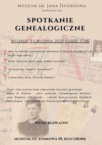 Spotkanie genealogiczne - na plakacie "dowód pamięci" i skrócone dane zawarte w tekście