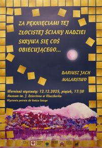 Plakat - na granatowo-fioletowym tle, jedna z prac artysty, całość obramowana kwadracikami złota