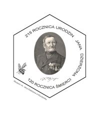 Rycina przedstawiająca portret Jana Dzierżona wpisana w kształt pszczelej komórki