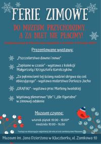 Na plakacie rysunkowy ptaszek, płatki śniegu i gałązki.