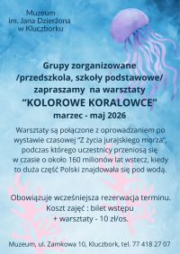 Kolorowe koralowce - na plakacie, na niebieskim tle dryfująca rysunkowa meduza i różowe koralowce