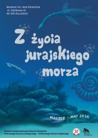 Z życia jurajskiego morza - na plakacie morska głębia, rafa koralowa, amonit, całość rozmyta