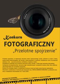 Plakat konkursu "Przelotne spojrzenie", na żółtym tle oko obiektywu, skrzydło pszczoły, fragment kliszy fotograficznej