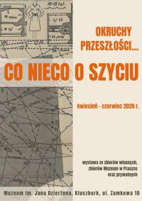 Na plakacie fragment krawieckiego wykroju w kolorach sepii, tytuł i informacje w kolorze pomarańczowym