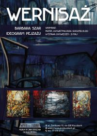 Plakat - na granatowym tle jednej z prac, trzy wybrane prace artystki, pejzaże, pełne kontrastowych kolorów i linii