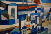 Fragment obrazu widziany z bliska, detal architektoniczny, domki z kopulastymi dachami