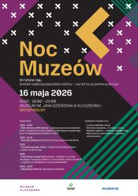 Noc muzeów - plakat czarno-fioletowo-zielony, z graficznym przedstawieniem liter M i K