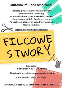 Filcowe stwory - warsztaty ręcznego szycia dla grup zorganizowanych, na plakacie rysunkowe nożyczki, igła i nitka