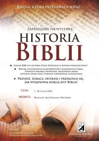 Na plakacie rozmyte fragmenty zwojów, manuskryptów Biblii