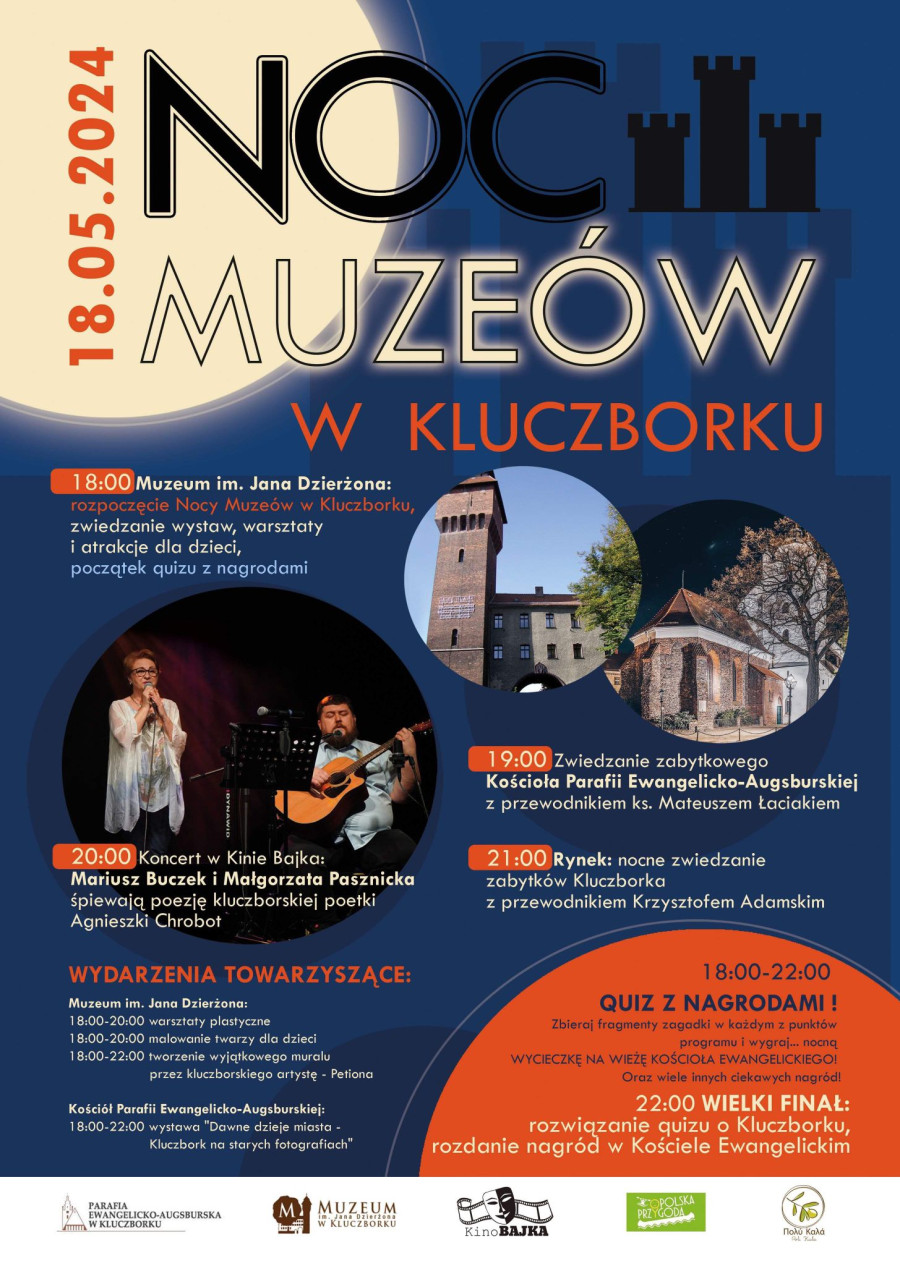NOC MUZEÓW - plakat (na granatowym tle fotografie przedstawiające budynki: kluczborskiego Muzeum, kościoła ewangelickiego oraz artystów podczas koncertu). Szczegóły wydarzenia poniżej.