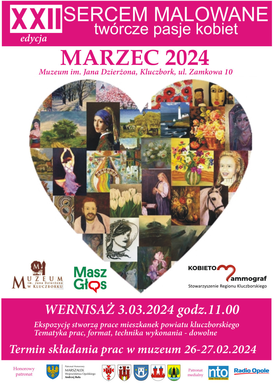 "Sercem malowane" - plakat ekspozycji. (Na białym tle serce - kolaż składający się z prac mieszkanek powiatu kluczborskiego).