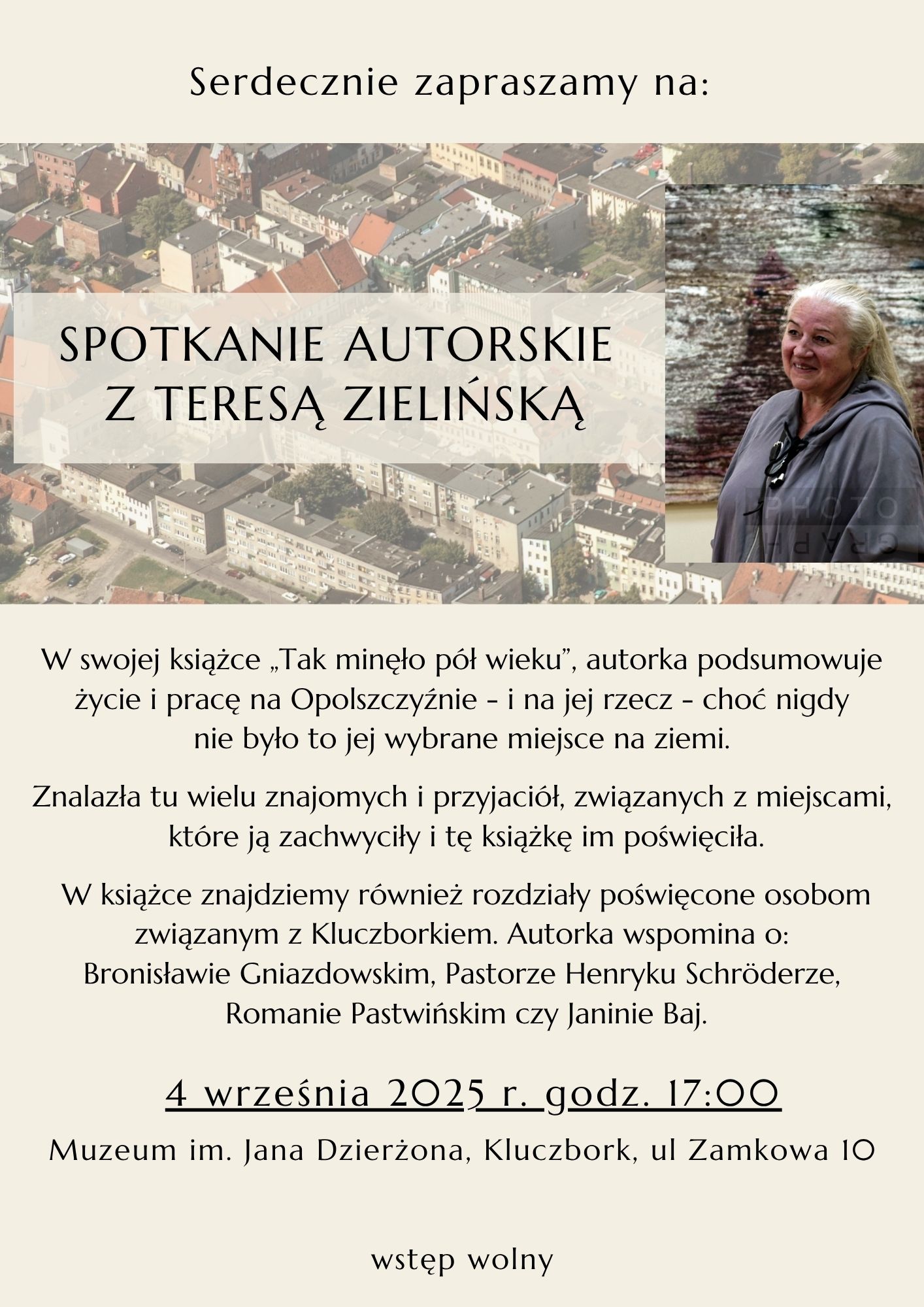 Spotkanie autorskie z Teresą Zielińską - na plakacie fotografia autorki.