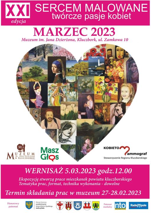 Plakat wystawy "Sercem malowane" - termin składania prac 27-28 lutego, wernisaż 5 marca o godz. 12.00